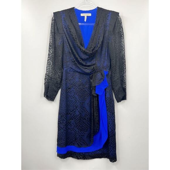 BCBGMAXAZRIA Blue Runway Long Sleeve Tired Silk Skirt Dress 4‎ - Picture 3 of 9